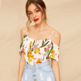 ‼️SALE‼️พร้อมส่ง COLROVIE Boho White Shoulder Floral Print Blouses