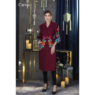 Carisa ชุดเดรส Dress แขนสามส่วน  เนื้อผ้าฝ้ายผสมคอตตอน ตกแต่งงานปักแน่นๆด้วยลวดลายดอกไม้แสนสวย [5657]