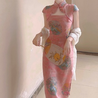 ขายร้อนที่ดีขึ้น cheongsam กระโปรง ramie stand collar สง่างามอารมณ์พิมพ์ชุดยาว