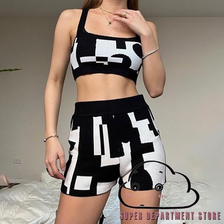 ☌DU☏Women´s Fashion Clothes Outfit Strap Sleeveless Printed Knitted Crop Tank Tops + Elastic Shorts