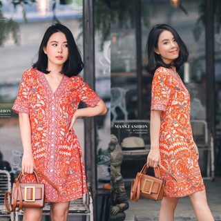 MASS Fashion : เดรสสั้นสไตล์โบฮีเมียน Dress : Boho Leaves Orange