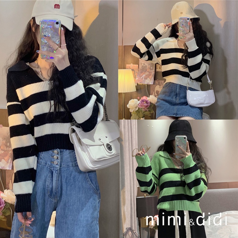 mimi&didi เสื้อกันหนาว เสื้อสเวตเตอร์คอวี แขนสั้นลายทาง เวอร์ชั่นเกาหลี#83068
