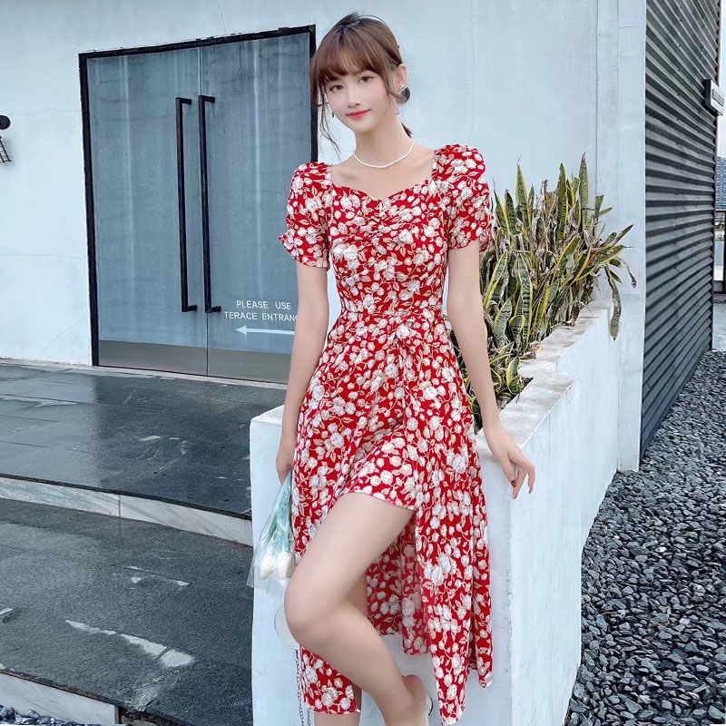 Cherry Blossom ชุด ฝรั่งเศส ตารางปก พัฟแขนเสื้อ เชือกแขวนคอ เอว อารมณ์ ดอกไม้ กระโปรงยาว เสื้อผ้าแฟช