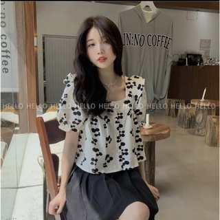 เสื้อเชิ้ตลายดอก แขนพอง คอเหลี่ยม ผ่ากระดุมหน้า 8195