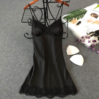 ชุดนอน สายเดี่ยวผ้าซาตินแต่งลูกไม้แฟชั่น Sexy sleepwear nightdress Women Silk Nightwear Lace V Neck Pajamas