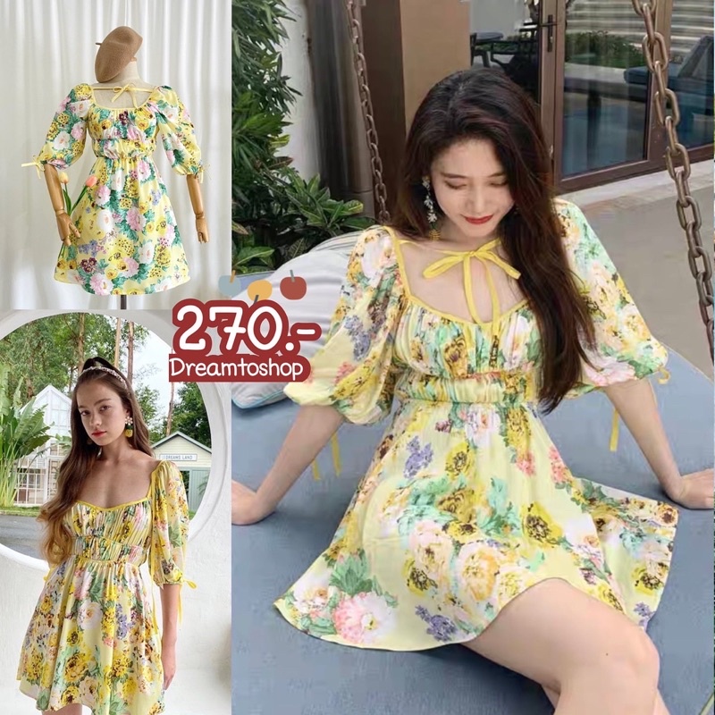 DD361เดรสลาย ดอกเหลือง ผ้าวูพีช มีซับใน