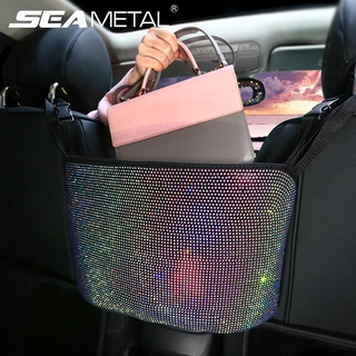 Seametal กล่องเก็บของ ประดับคริสตัล พลอยเทียม สําหรับติดเบาะที่นั่งรถยนต์