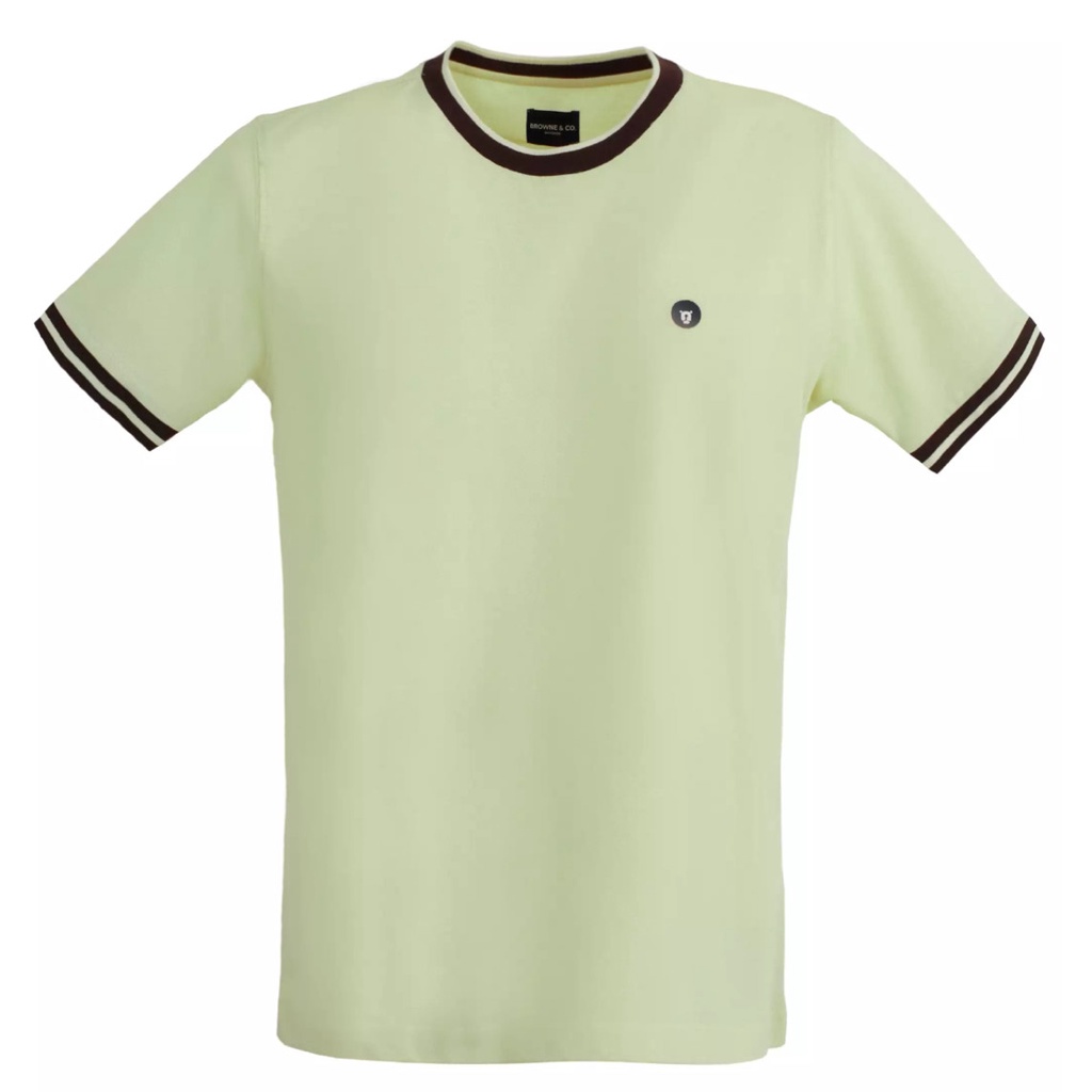 BROWNE & CO. เสื้อยืด คอตตอน สีเบจ คอ แขน ตัดต่อผ้าทอลาย รุ่น TPT010-1-BE