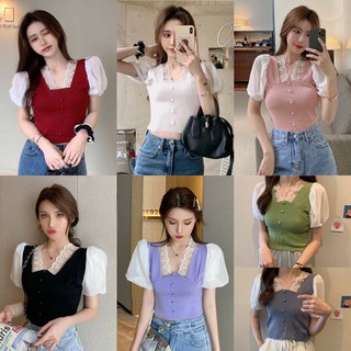 พร้อมส่ง เสื้อไหมพรม แขนพอง ทรงตุ๊กตา คอวีแต่งลูกไม้