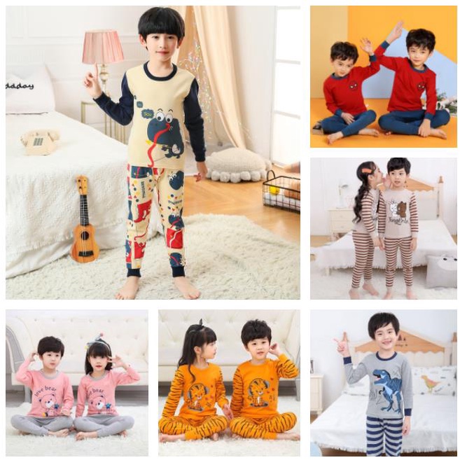 2-15years ชุดนอนเด็กชุดชายหญิงการ์ตูน Dino Tiger Bear ชุดนอนชุดแขนยาว 100% ผ้าฝ้าย Condition Room ชุดนอน