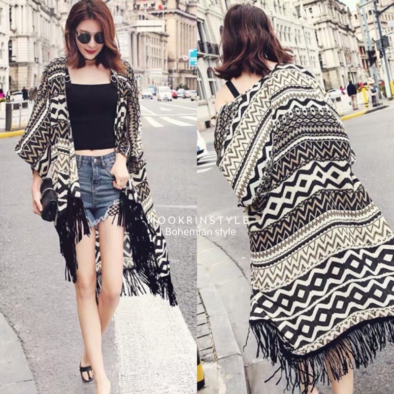 เสื้อคลุมโบฮีเมียน พร้อมส่ง เสื้อคลุมชายกรุยดำ ชายหญิงใส่ได้ Bohemians style ชีฟองเนื้อทรายใส่สบาย Mookrinstyle