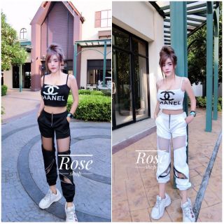 👙เซต2ชิ้น กางเกงวอร์มซิป+เสื้อสายเดี่ยวผ้ายืด กางเกงมีซิปเอวสม็อค👙