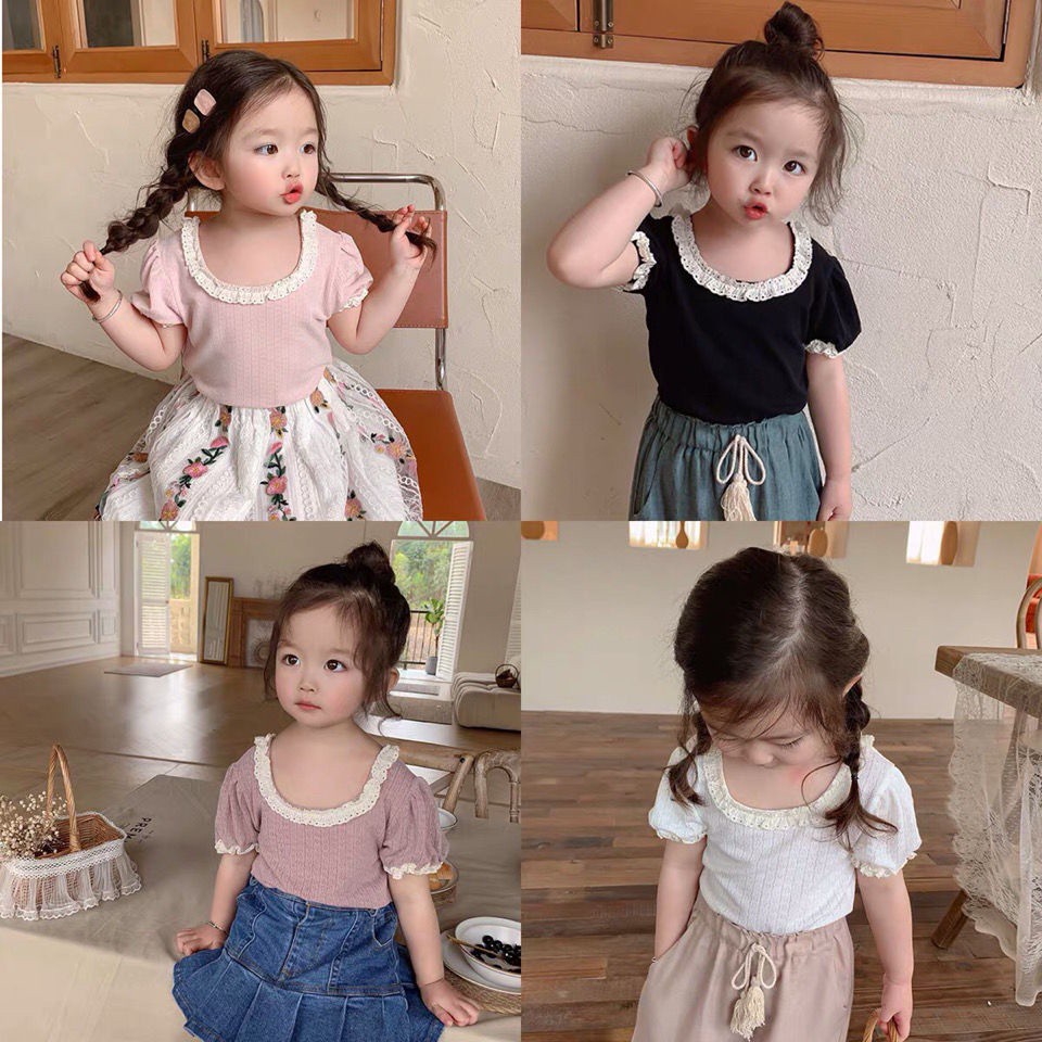 พร้อมส่ง เสื้อยืดคอกลม แขนสั้น แต่งลูกไม้น่ารัก แฟชั่นฤดูร้อน สําหรับเด็กผู้หญิง อายุ 3-8 ปี