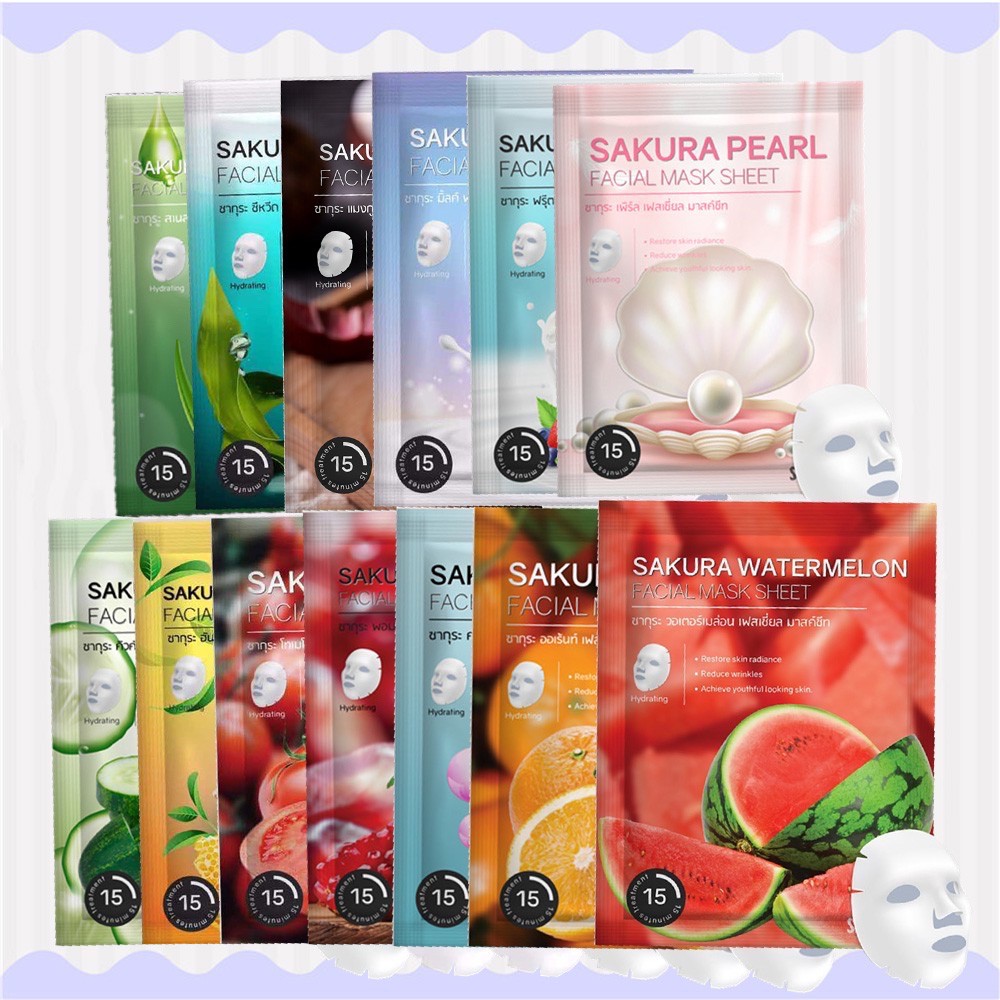 แผ่นมาส์กหน้า 13 สูตร Sakura Facial Mask Sheet ผิวหน้ากระจ่างใส คืนความยืดหยุ่น ผิวเปล่งปลั่ง ราคา ถูกที่สุด ดีลบีเคเค