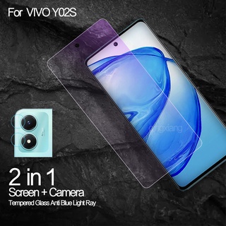 2 in 1 ฟิล์มกระจกนิรภัยกันรอยหน้าจอ กันแสงสีฟ้า สําหรับ Vivo Y02s Y21T Y12s Y01 Y12A Y15s Y15A Y73 Y1s Y33s Y76 Y52 5G