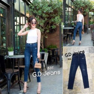 G.D.Jeans รุ่น 8311 กางเกงยีนส์ขายาวผ้ายืดฮ่องกงสีเข้มสกิดขาดปักตัวอักษรข้างกระเป๋า ผ้าหนานิ่มยืดได้เยอะใสดี