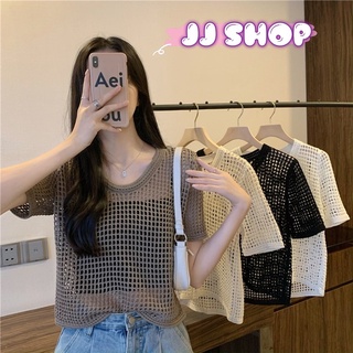 JJ shop 💜พร้อมส่ง เสื้อถักไหมพรมแขนสั้น คอกลมแนวซีทรูเบาๆผ้าตะข่ายใส่กับอะไรก็ปัง "73178" -C