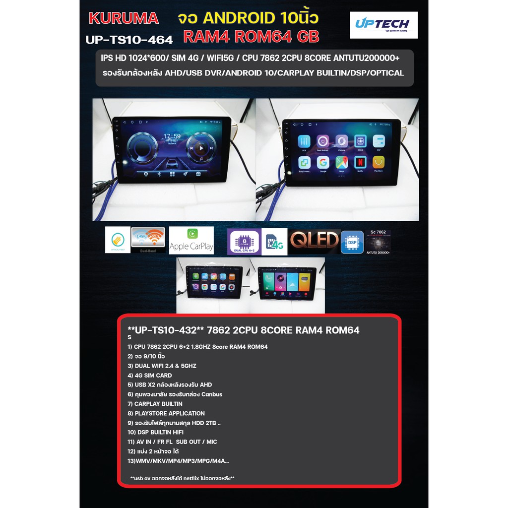 จอ Android 10นิ้ว TS10 2CPU 8CORE RAM4 ROM64 V10 DSP 4G WIFI 5G CARPLAY IPS HD 1024x600 ราคาพิเศษ