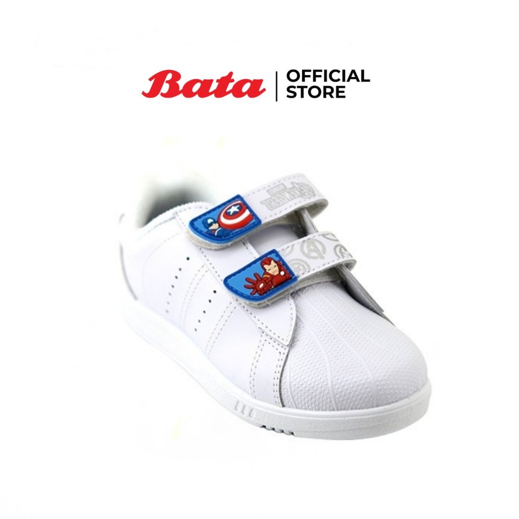 Bata บาจา รองเท้าผ้าใบ พละนักเรียน ตกแต่งด้วยลายการ์ตูนน่ารัก แบบแปะ สีขาว ลายซุปเปอร์ฮีโร่ MARVEL 3411039