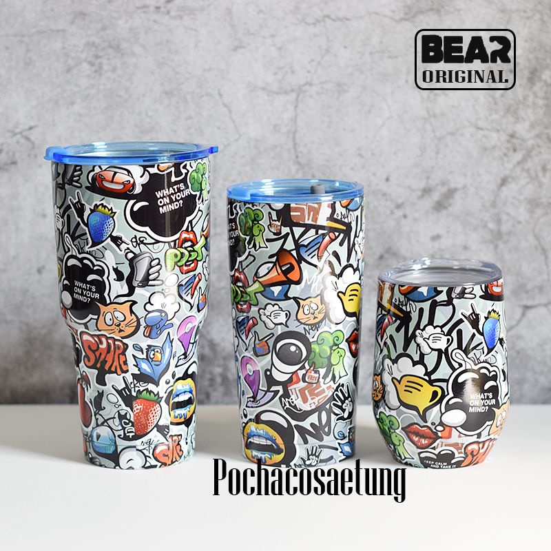 แก้ว BEAR Grafiti 3D ลายเต็มใบ เคลือบผิวอย่างดี 304สเเตนเลส 2 ชั้น ขนาด 10-20-30 ออนส์