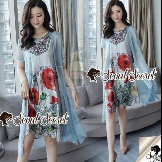 Girly Bohe Style Stick&amp;Print Outer Dress set-ฟ้า