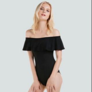 FS🔥💯🇹🇭 Little Sexy Off Shoulder Black Layer Bodysuit เสื้อบอดี้สูทสีดำแต่งระบายไหล่ตก ขนาดฟรีไซส์