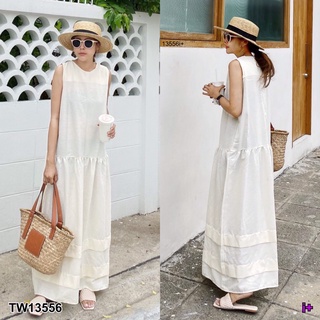 TW13556 Maxi Dress เดรสยาว แขนกุด สไตล์โคเรีย รูดน้อยๆช่วงต่ำกว่าเอว ทรงปล่อย ตีเกล็ดช่วงชายกระโปรง เนื้อผ้าลินิน