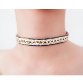 สร้อยโชคเกอร์กำมะหยี่ ตกแต่งโซ่ Chain on Black Velvet Choker Necklace