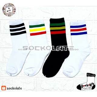 ถุงเท้าแฟชั่นแถบสีรุ้ง แถบเขียวเหลืองแดง Old School Socks ถุงเท้าข้อสูง ข้อกลาง แฟชั่นชิคๆฮิปๆ