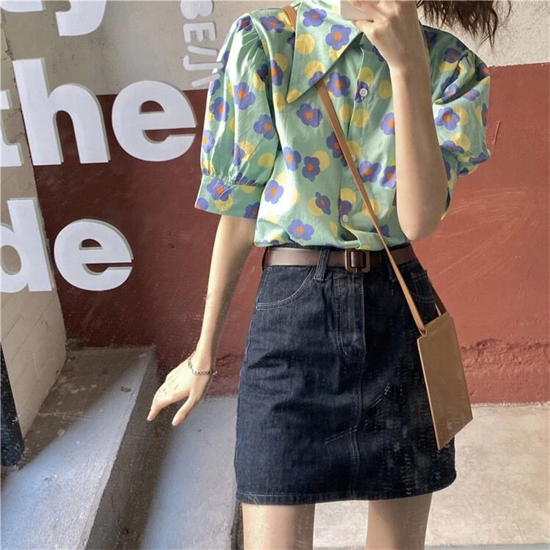 เสื้อเชิ้ตผู้หญิงพิมพ์ลายดอกไม้ ผ้าฝ้าย แขนสั้น thumbnail 7