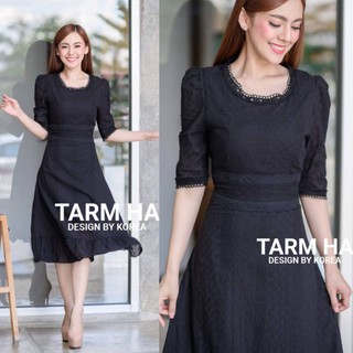 เดรสดำออกงาน!!! S-6XL Maxi Dress เดรสสีดำผ้าฉลุลายแขนพอง งานป้าย Tarm Ha