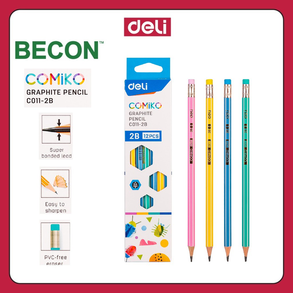 Deli Comiko Graphite Pencil 2B พร้อมยางลบ C011-2B 12s
