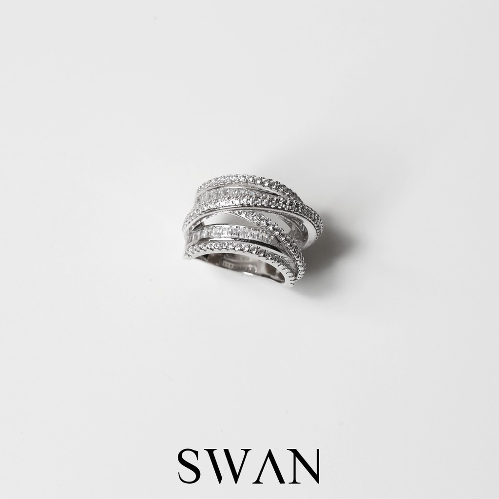 [ส่งด่วนฟรี]SWAN - Baguette Ocean Wave Ring แหวนเงินแท้ ฝังเพชรคิวบิกเซอร์โคเนีย cubic zirconia