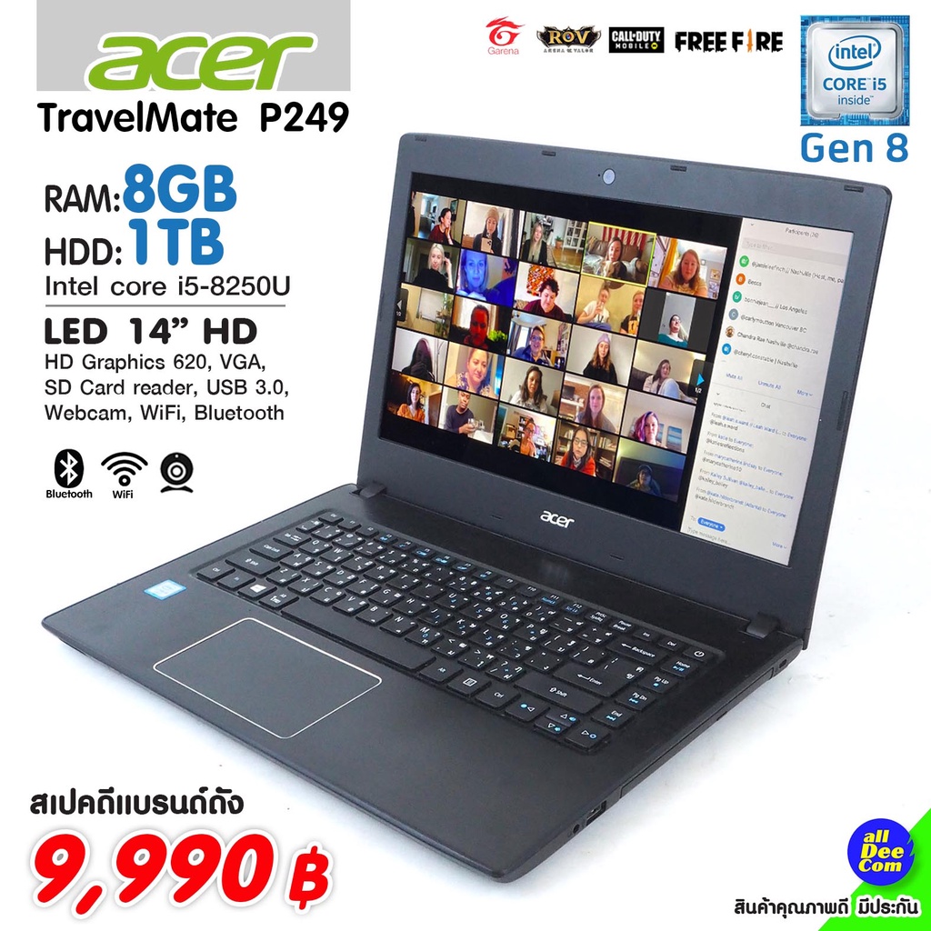 โน๊ตบุ๊ค Acer TravelMate P249-Core i5 Gen8 / RAM 8 GB / HDD 1 TB / WiFi / Bluetooth / Webcam สภาพดี By AllDeeCom
