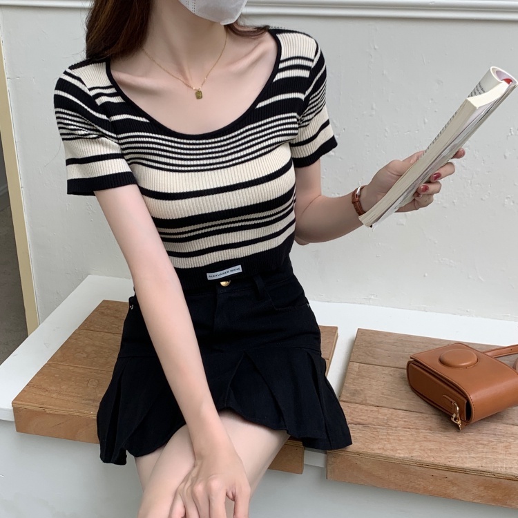 Gakki เสื้อยืดแขนสั้นไหมพรมถักคอกลมมผู้หญิง ผ้านิ่มใส่สบาย ฟรีไซส์ พร้อมส่ง 1205#