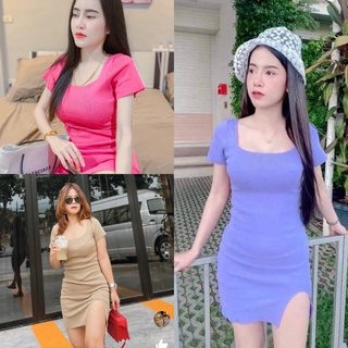 🌈SpinnyHouse🌈 เดรสไหมพรม ตัวเก๋แต่งดีไซน์😍😜คอเหลี่ยม💚เพิ่มความเผ็ชไฟลุกฟู่🧲🧲มินิเดรส เดรส🔥รุ่น แซกแหวกขา E203B
