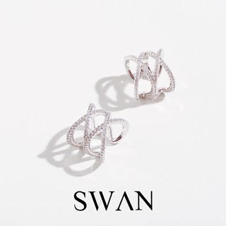 SWAN - Double Cross Ear Cuff ต่างหูหนีบเงินแท้ คล้องหู ไม่ต้องเจาะ ฝังเพชรคิวบิกเซอร์โคเนีย cubic zirconia