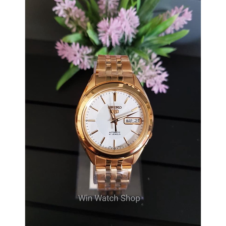 SEIKO 5 Automatic รุ่น SNKL26K1 นาฬิกาข้อมือผู้ชายระบบออโตเมติก สายแสตนเลสสีทอง หน้าปัดขาว สุดหรูประ