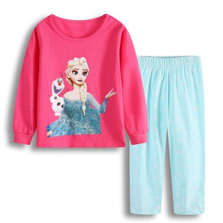 ชุดนอน เสื้อแขนยาว ผ้าฝ้าย ลาย Disney Frozen Elsa และกางเกงขายาว สําหรับเด็กผู้หญิง