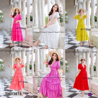 J13878 Maxi Dress แม็กซี่เดรส คอวีหน้า-หลัง กระโปรงระบาย