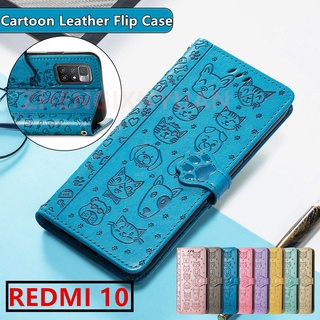 เคสหนังฝาพับซองโทรศัพท์แม่เหล็กเคสแม่เหล็ก Redmi 10 Redmi10 เคสโทรศัพท์การ์ตูนน่ารักแบบฝาพับ Magnetic Magnet Stand holder Casing Card Slot Wallet Case Dogs&amp;Cats Cartoon Shell Cover