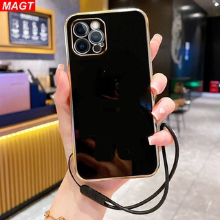 Iphone 6 6S Plus iPhone7 8Plus XS XS Max XR iPhone11 Pro Max แฟชั่น เรียบง่าย หรูหรา ชุบทอง ซิลิโคน พร้อมสายคล้อง เคส