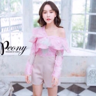 จั๊มสูทขาสั้นแขนยาวไหล่เฉียง 🔖 peony​/ s