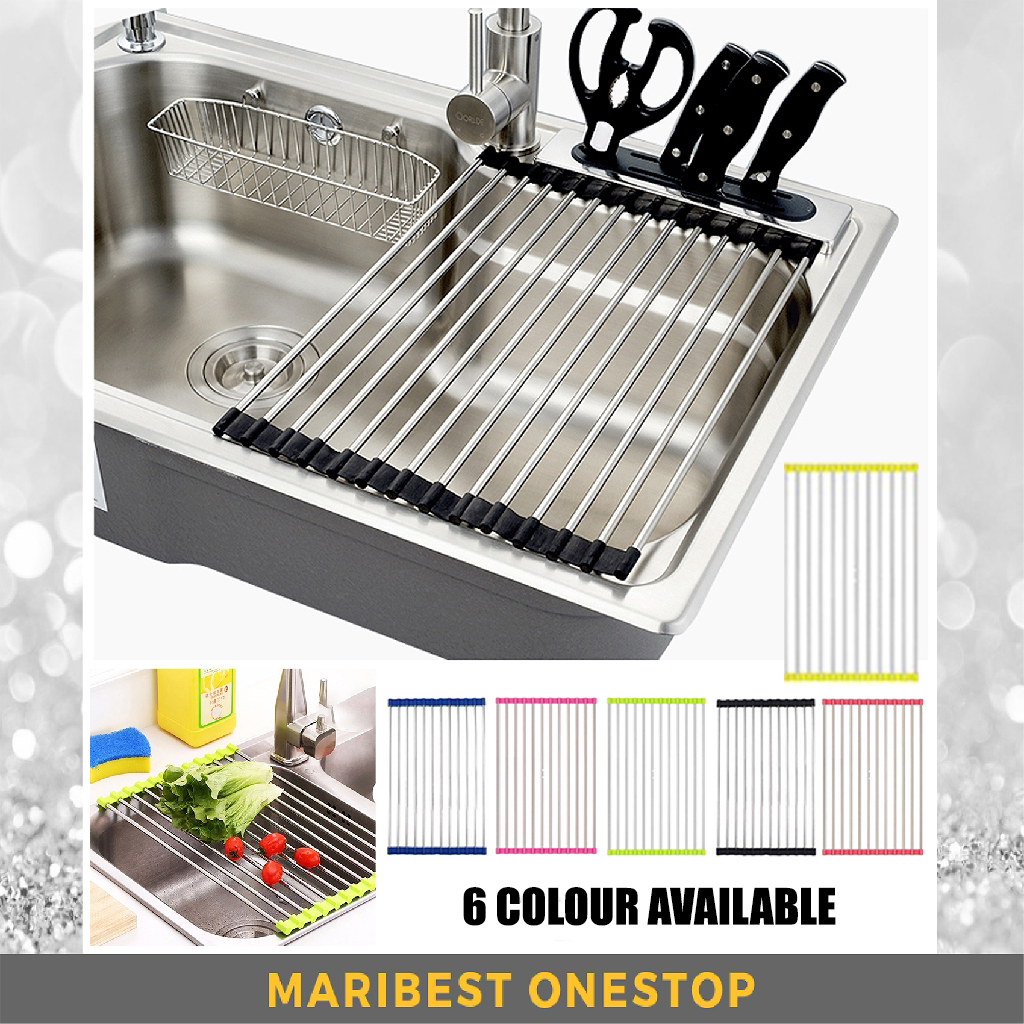 สแตนเลสม้วนเสื่อDrainer Sink Rack Rolling Drainerสําหรับจาน