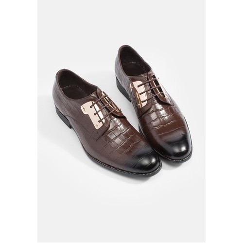 Mac&amp;Gill รองเท้าหนังแท้แบบคัทชูชาย ออกงานและทางการ ผูกเชือก Croc-Skin Gilded-Steel Oxford shoes