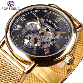 Forsining Classic Black Golden Skeleton Clock Mesh Band Design Waterproof Mens Mechanical Watches Top Brand Luxury Mont