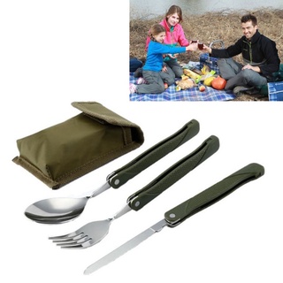 3 in 1 Stainless Steel Foldable Camping Blade Fork and Spoon Picnic Tableware