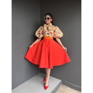 ชุดเซตเสื้อแขนพองคอผูก ชุดย้อนยุค ชุดทองกวาว (ครบเซต)