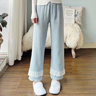 Homely.Homewear - กางเกงdouble gauze ขายาวแต่งขา2ชั้นเอวยืด