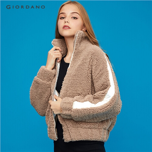 GIORDANO WOMEN White stripe fleece stand collar jacket 91379678